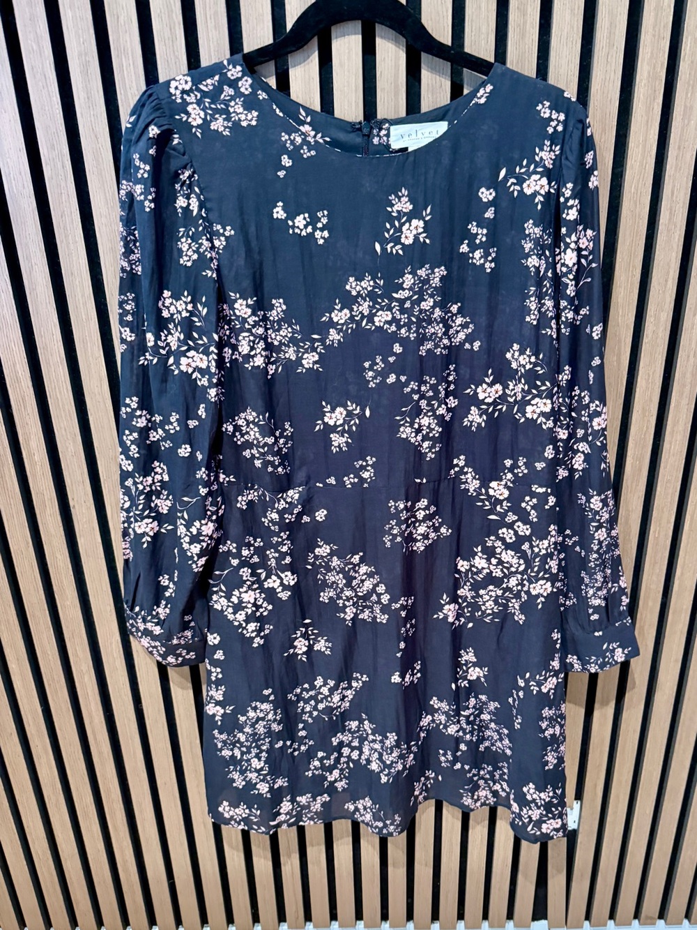 Velvet Black Long Sleeve Floral Dress with Pink Blossoms